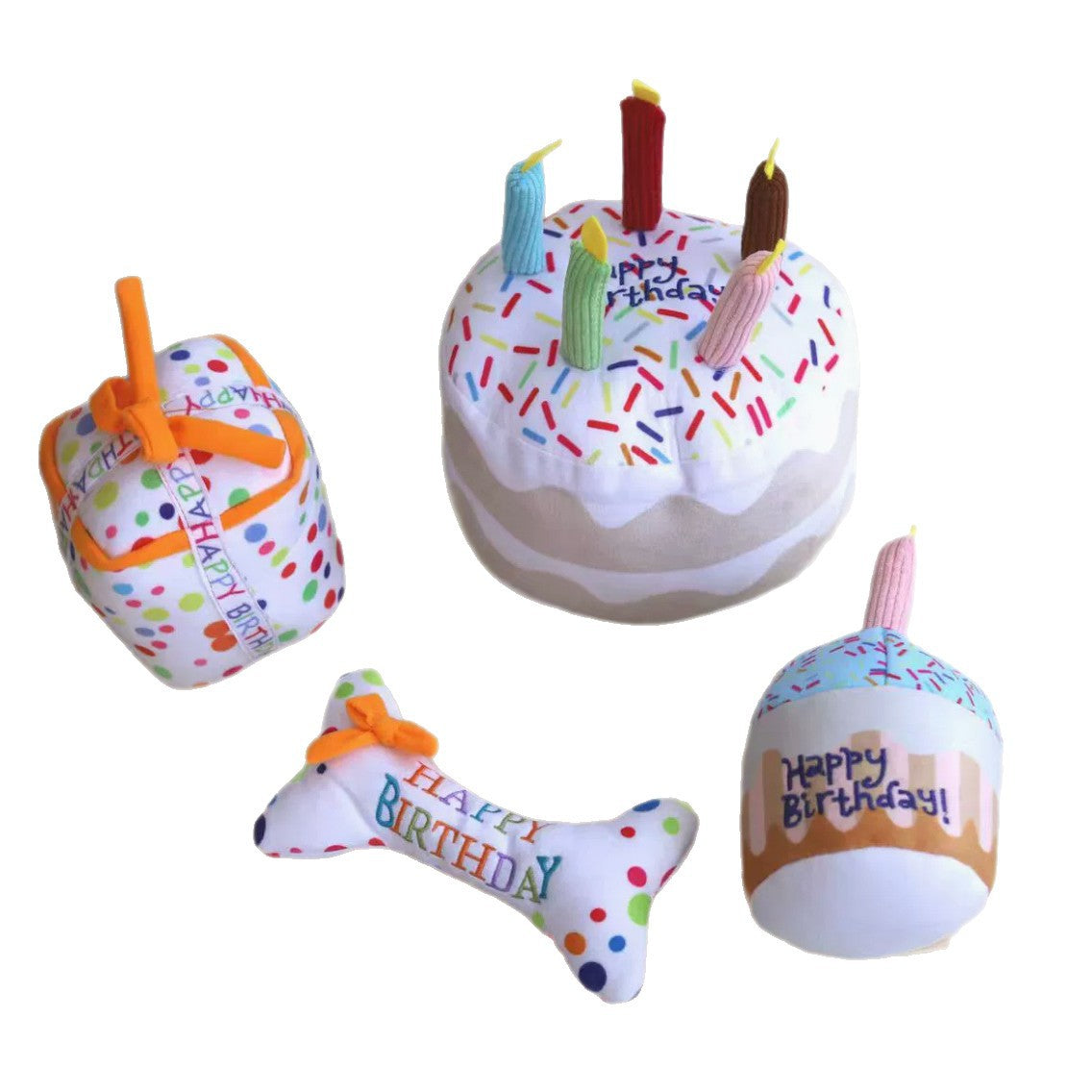 4-Piece Happy Birthday Dog Toy Set – Plush Cake, Gift, Cupcake & Bone