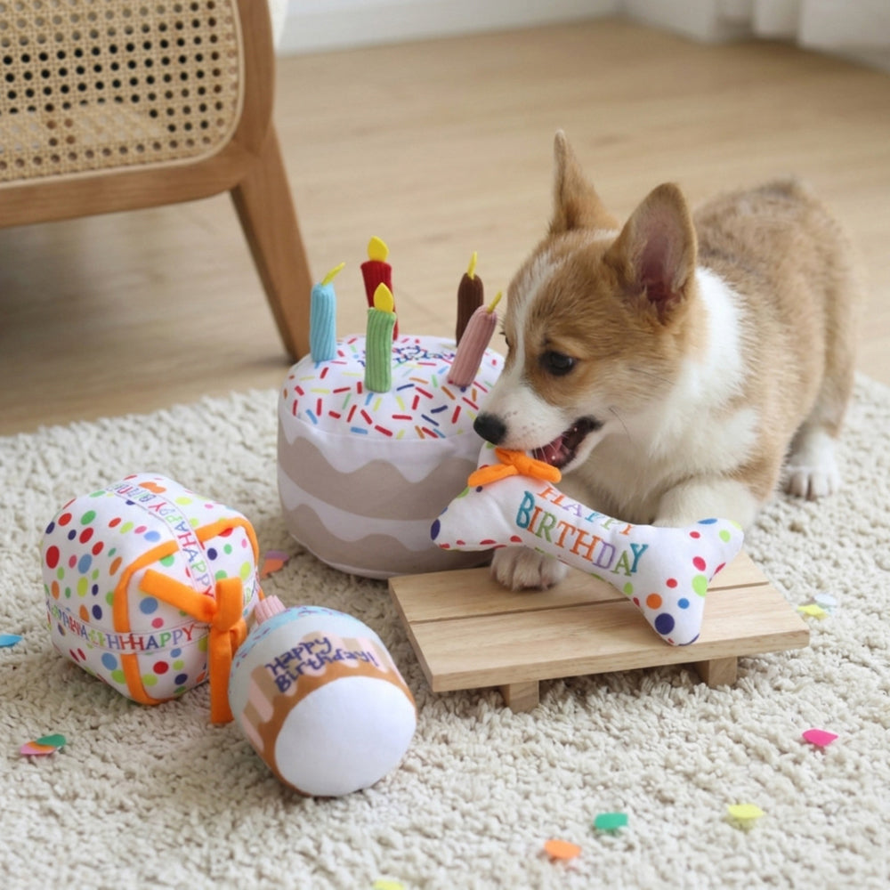 4-Piece Happy Birthday Dog Toy Set – Plush Cake, Gift, Cupcake & Bone