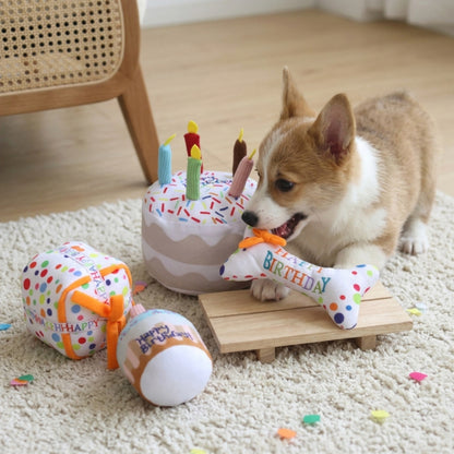 4-Piece Happy Birthday Dog Toy Set – Plush Cake, Gift, Cupcake & Bone