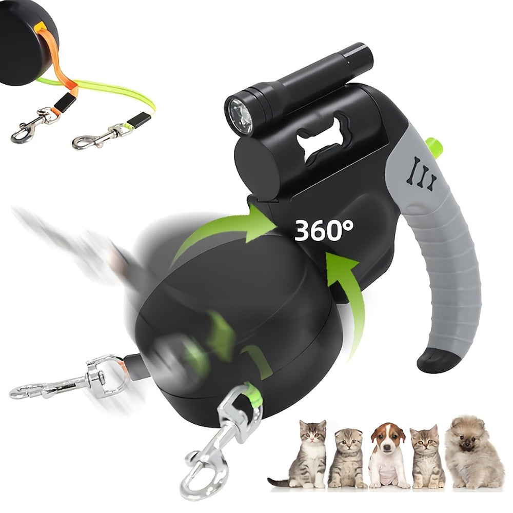 Dual retractable dog leash with 360 degree swivel