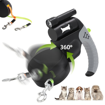 Dual retractable dog leash with 360 degree swivel