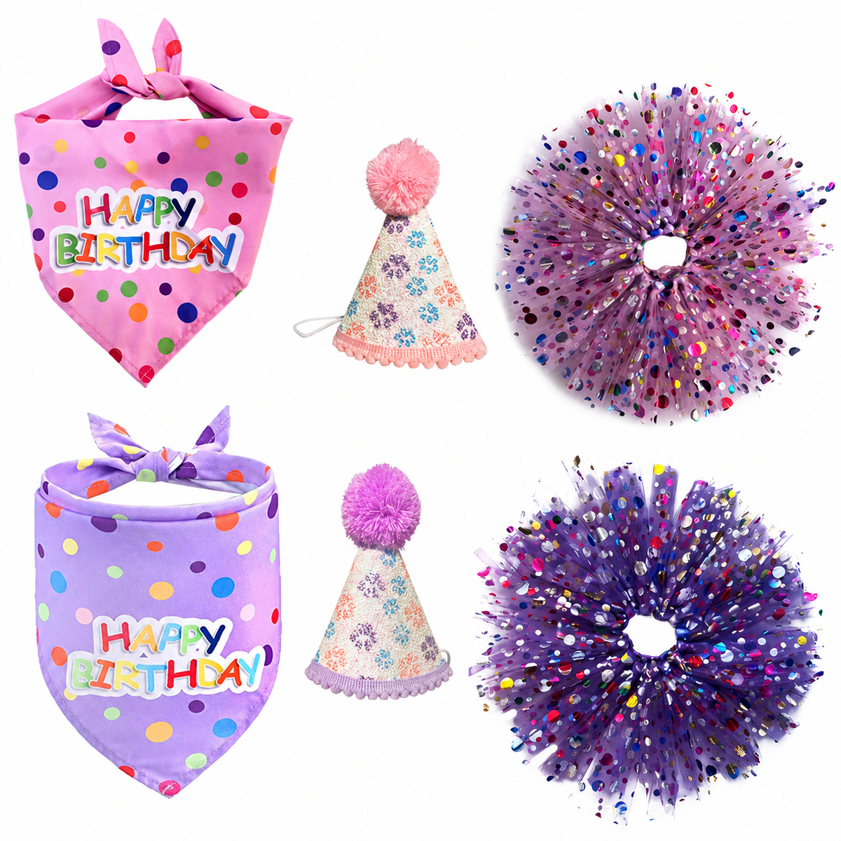 Pink and purple pet birthday outfit options