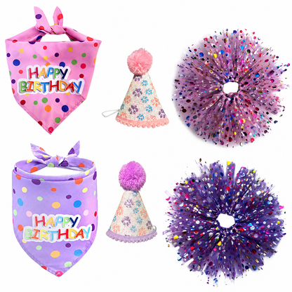 Pink and purple pet birthday outfit options