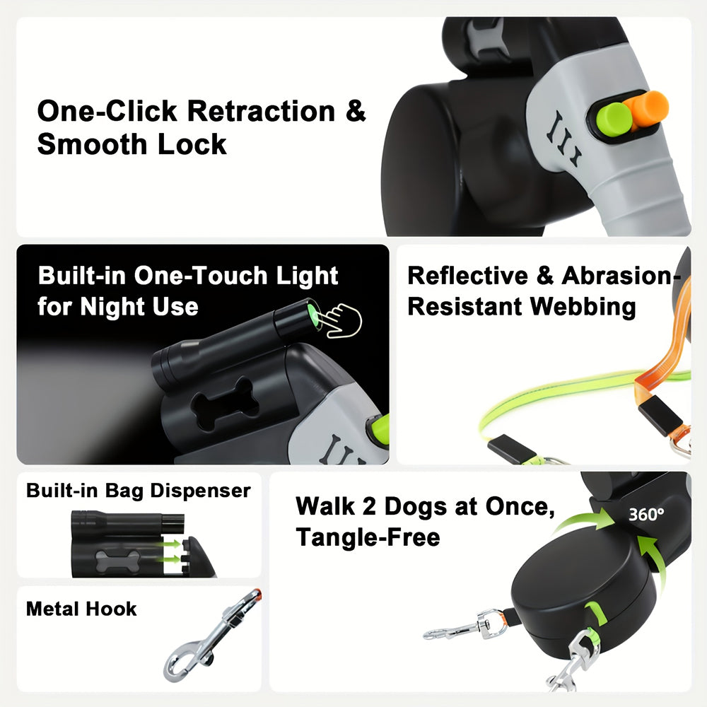 Dual retractable dog leash features