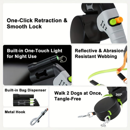 Dual retractable dog leash features