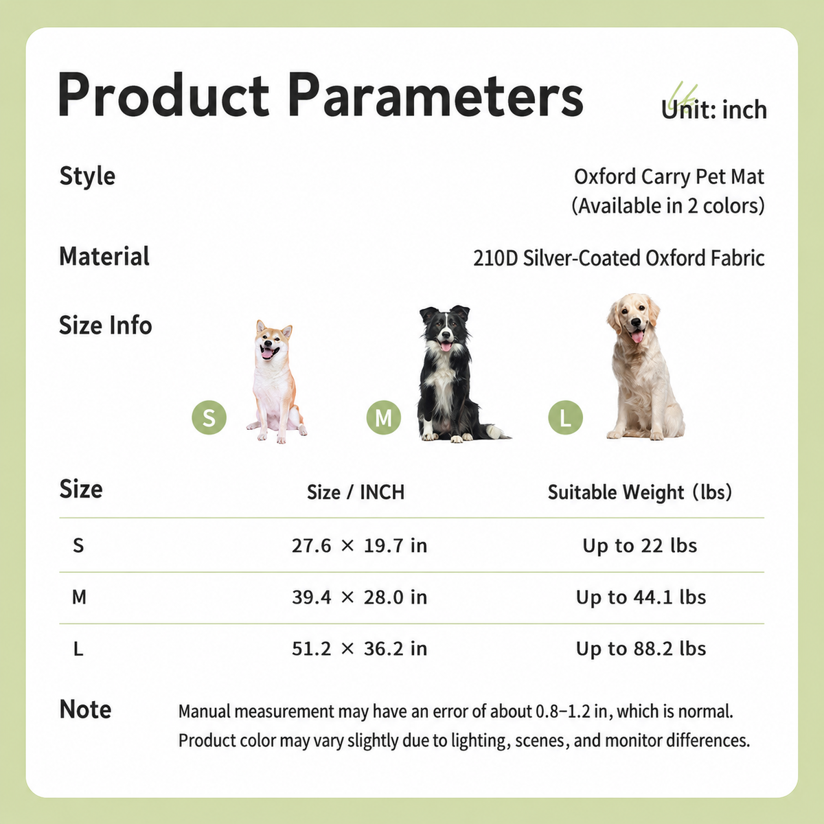 Product parameters and size guide