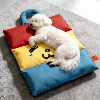 Blue colorblock pet mat with small dog