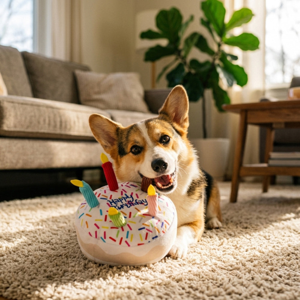 4-Piece Happy Birthday Dog Toy Set – Plush Cake, Gift, Cupcake & Bone