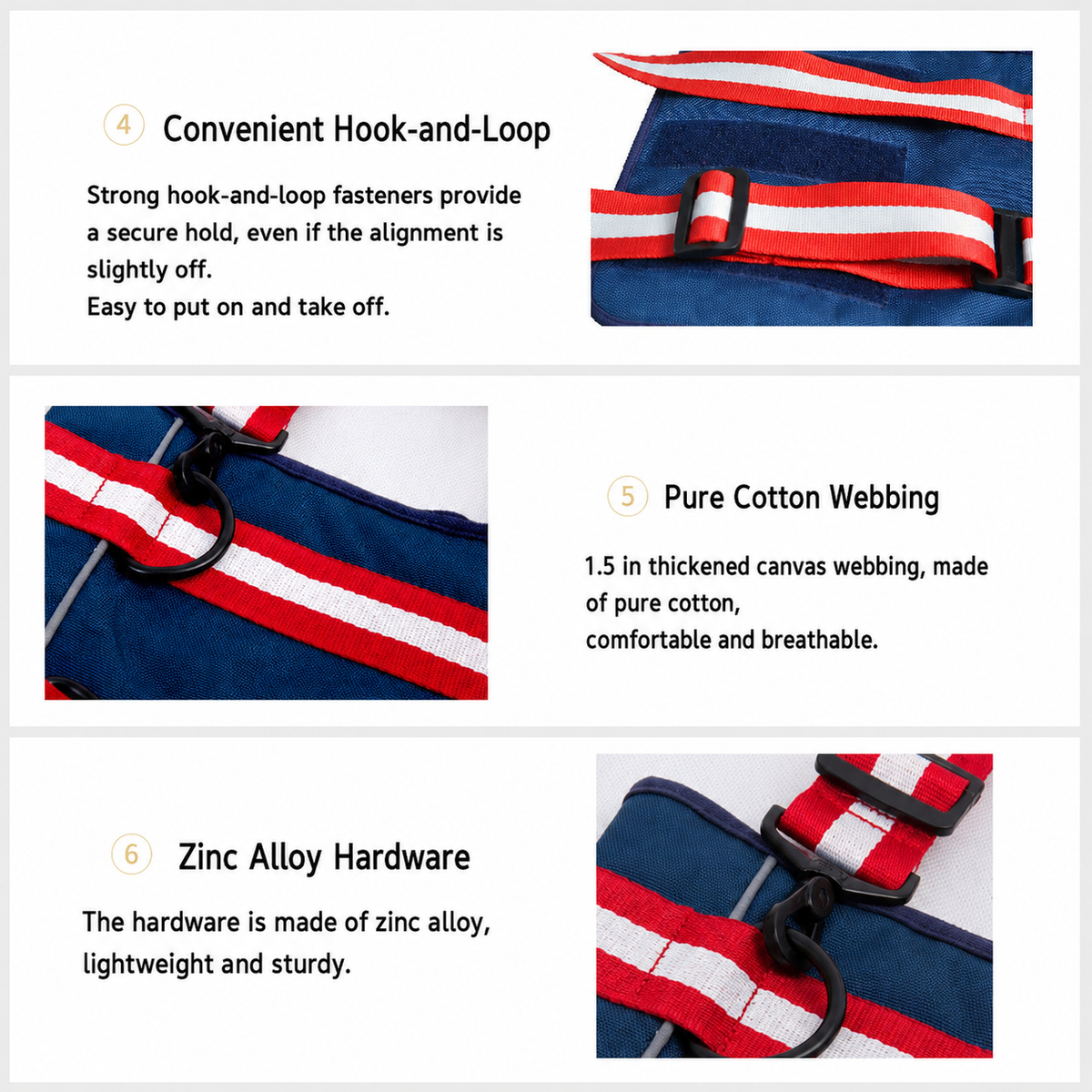 Dog support harness hook and loop webbing details