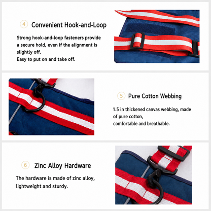 Dog support harness hook and loop webbing details