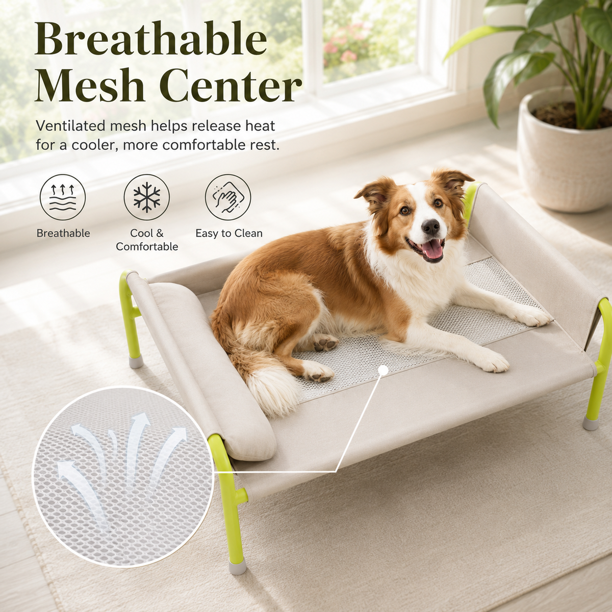 Cooling Elevated Dog Bed with 3-Sided Bolsters, Breathable Mesh Raised Dog Cot for Large Dogs