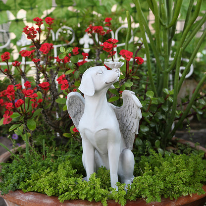 White angel dog memorial statue displayed among red flowers