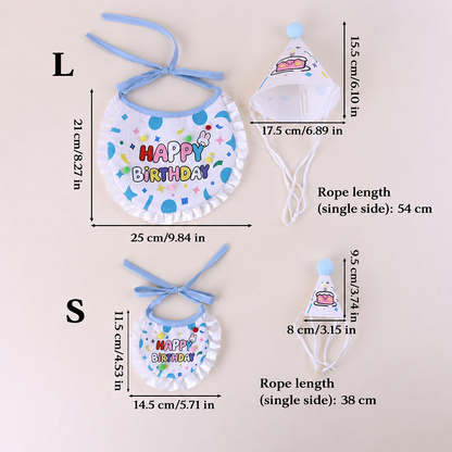 Pet birthday bib and party hat size guide