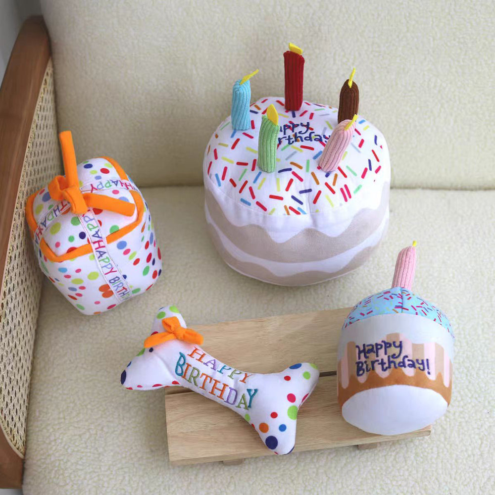 4-Piece Happy Birthday Dog Toy Set – Plush Cake, Gift, Cupcake & Bone