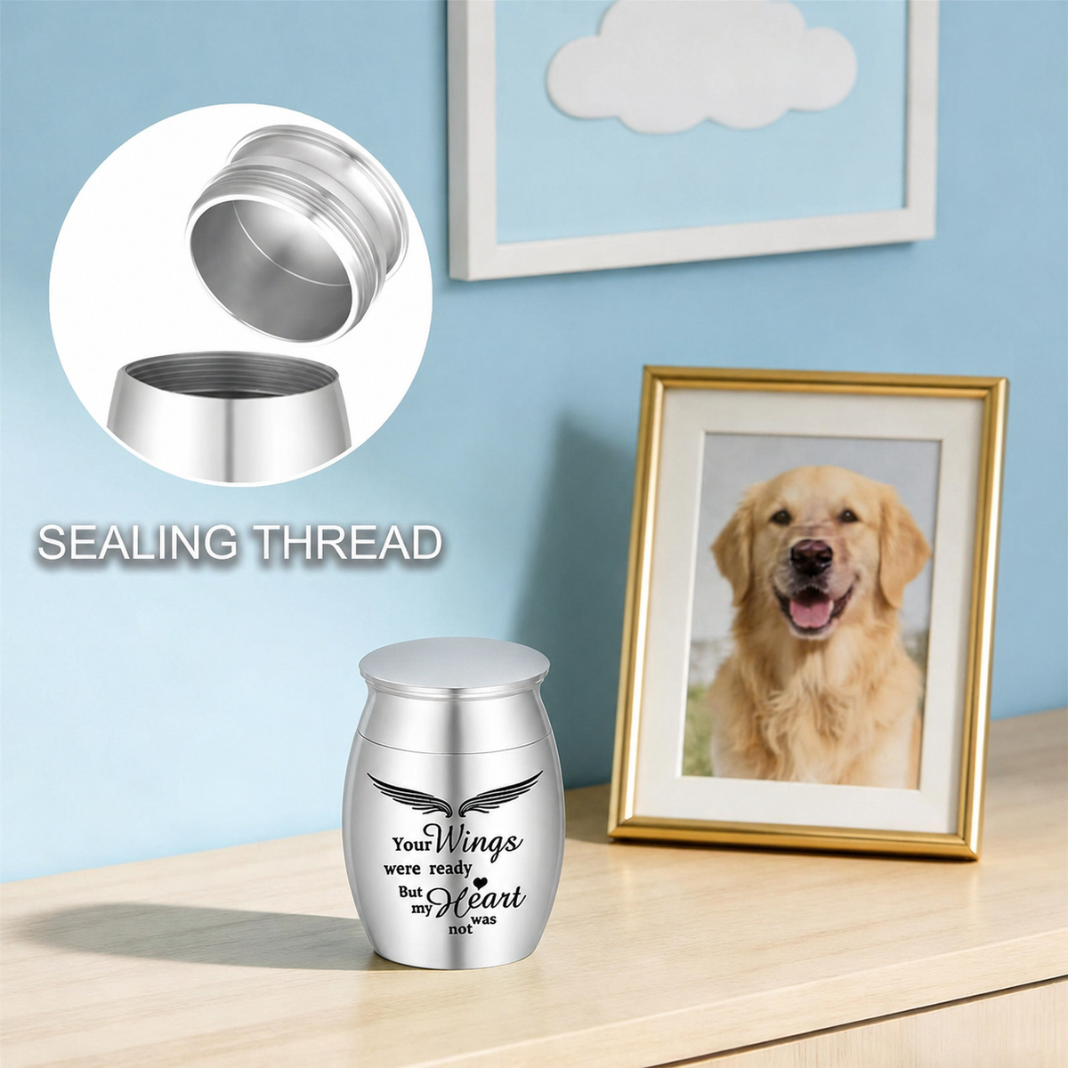 Pet memorial urn sealing thread