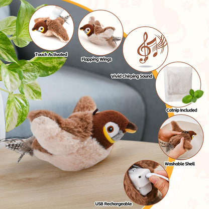 Flappy Bird Cat Toy for Indoor Cats, Chirping Flapping Wings Bird, Interactive Catnip Toys, Plush Kitten Exercise Toys
