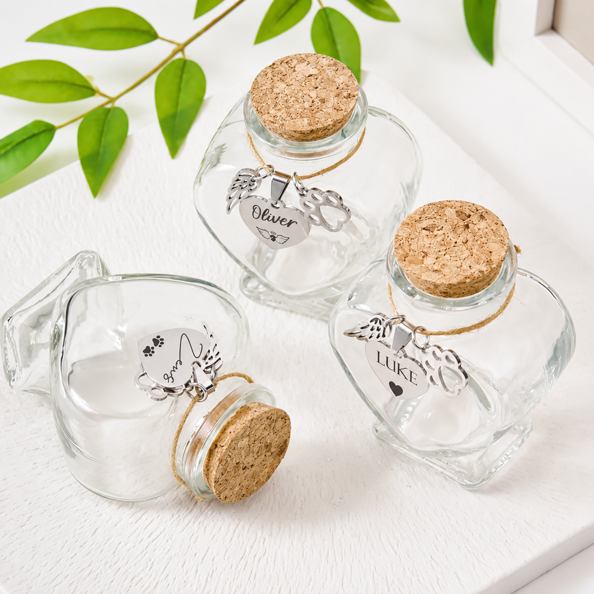 Heart glass pet memorial jars lifestyle display