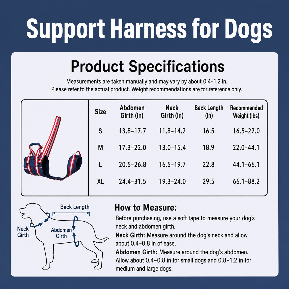 Dog support harness size guide and measurement chart