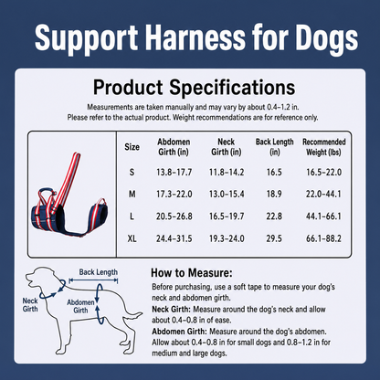 Dog support harness size guide and measurement chart