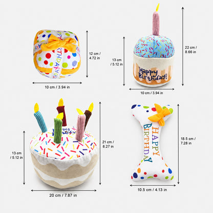 4-Piece Happy Birthday Dog Toy Set – Plush Cake, Gift, Cupcake & Bone