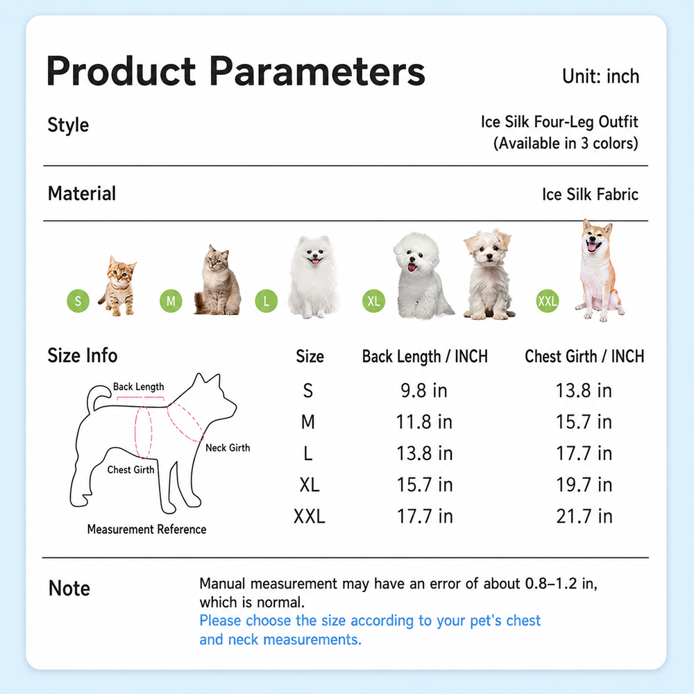 Pet cooling suit product parameters and size guide