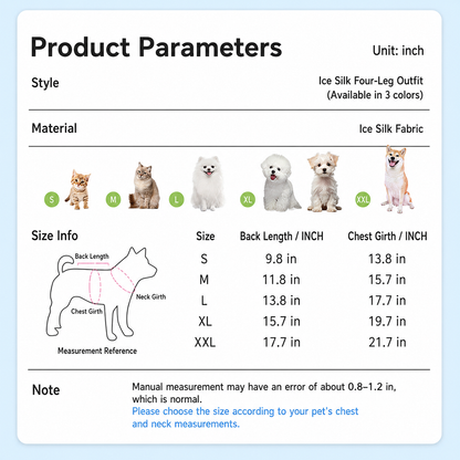Pet cooling suit product parameters and size guide