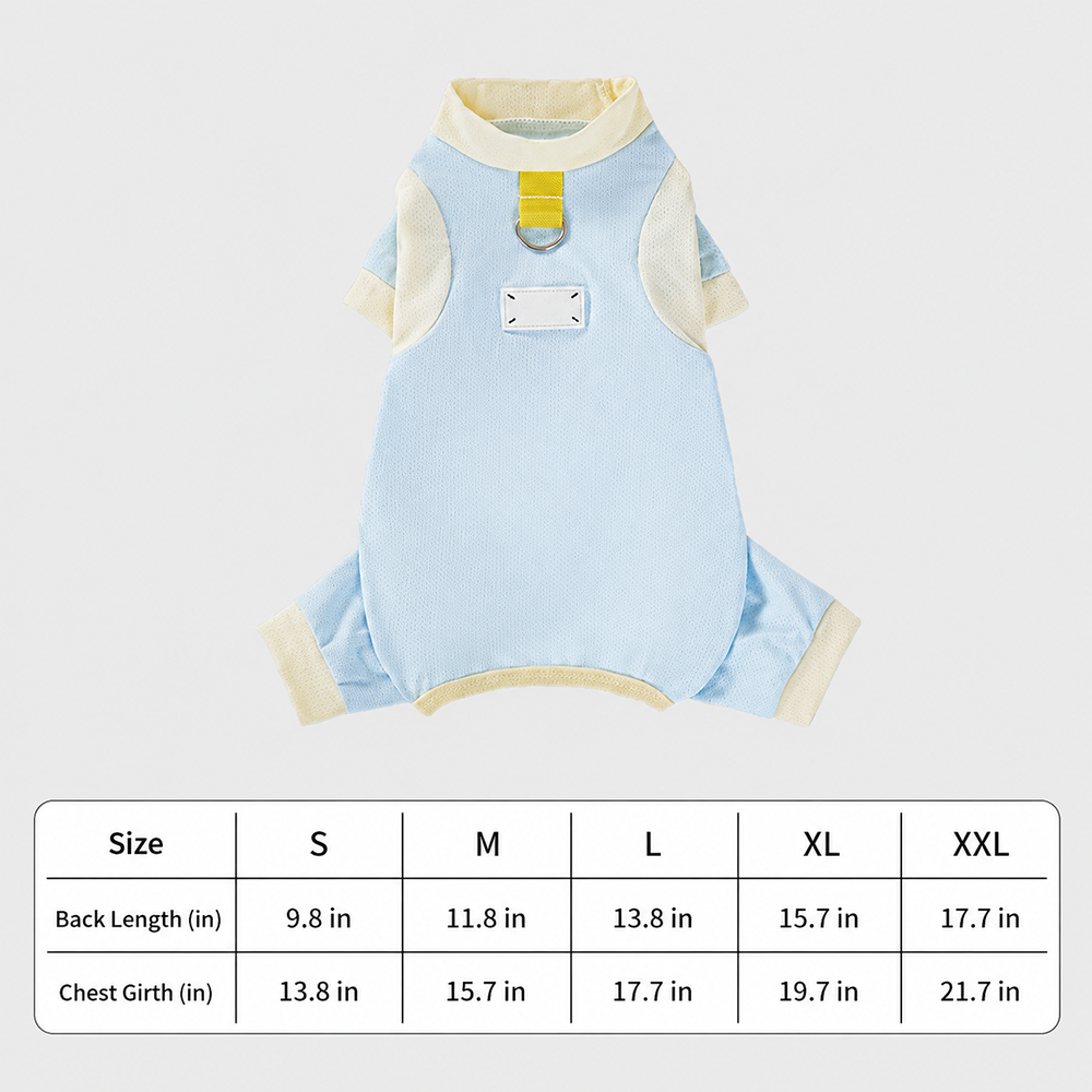 Blue pet cooling suit and size chart