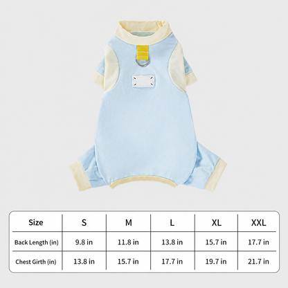 Blue pet cooling suit and size chart