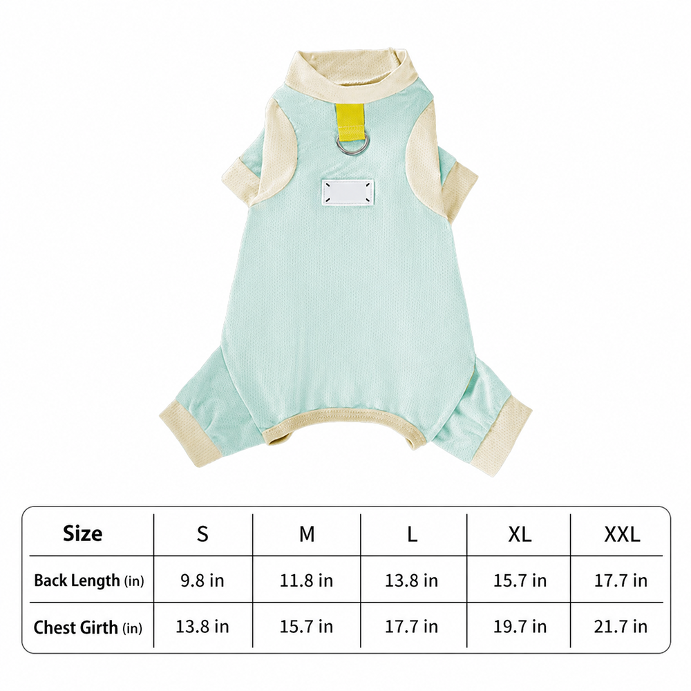 Green pet cooling suit and size chart