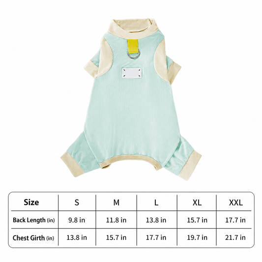 Green pet cooling suit and size chart