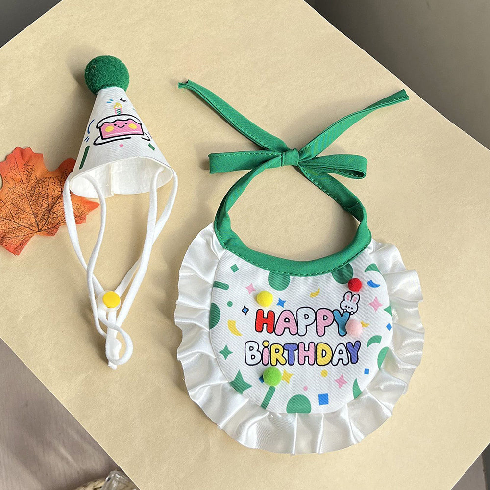 Green pet birthday bib and matching party hat