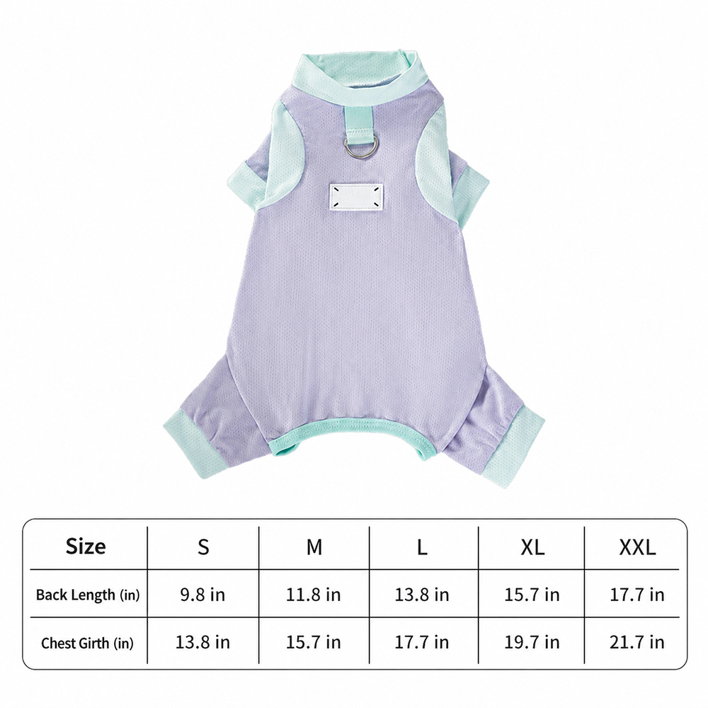 Purple pet cooling suit and size chart
