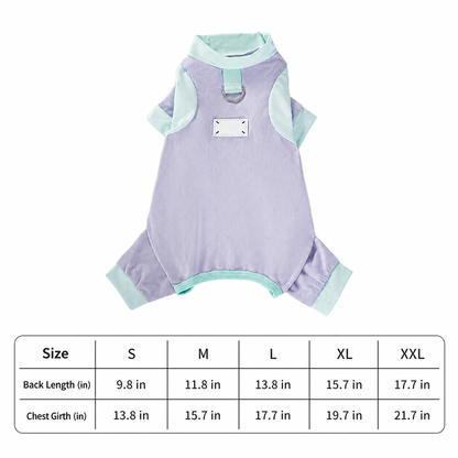 Purple pet cooling suit and size chart
